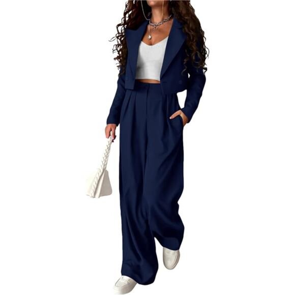 Women's 2 Piece Casual Outfits Cropped Blazer Jackets High Waisted - Picture 1 of 7